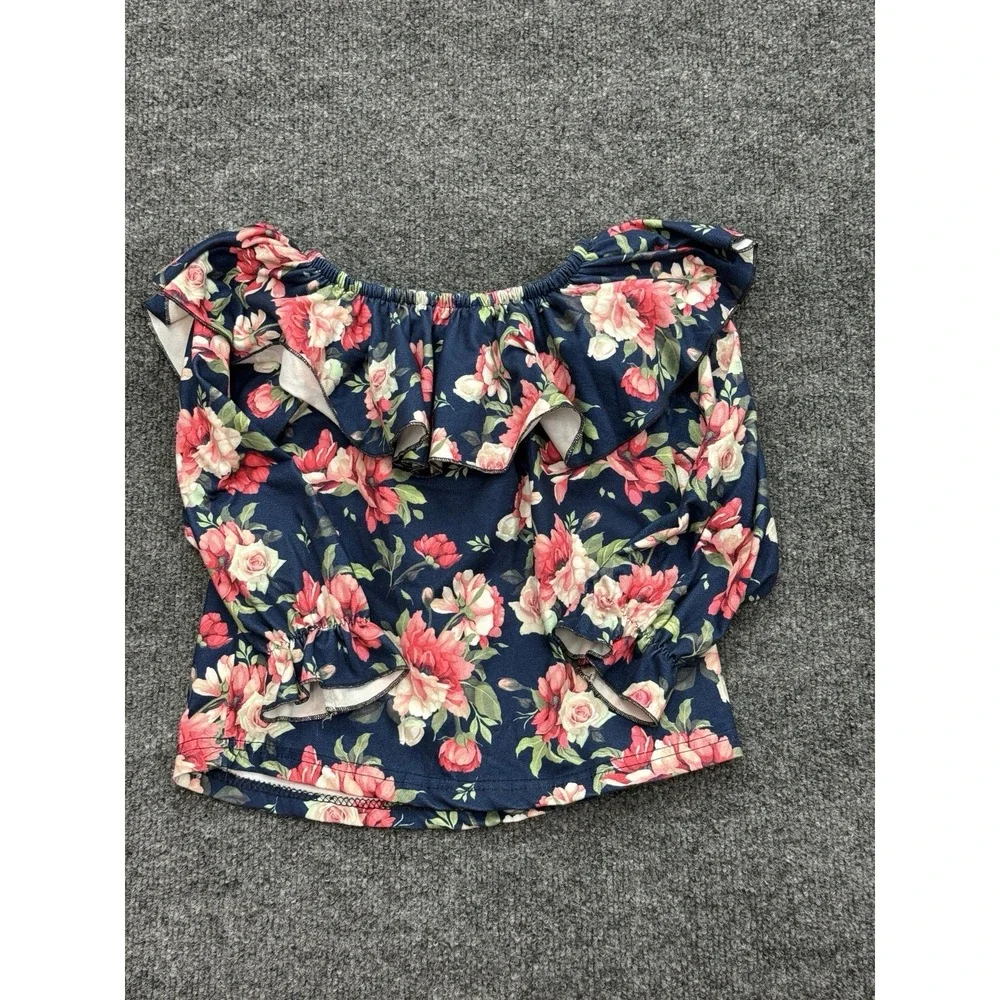 Marie Nicole Girls Small Floral Peasant Top Boutique Ruffle Long Sleeve Navy